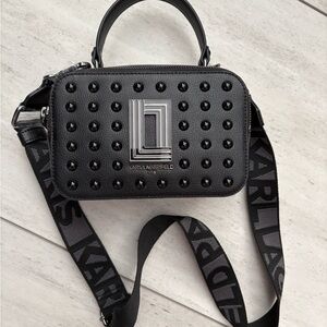 Karl Lagerfeld Black Studded Crossbody Bag with Silver Accents